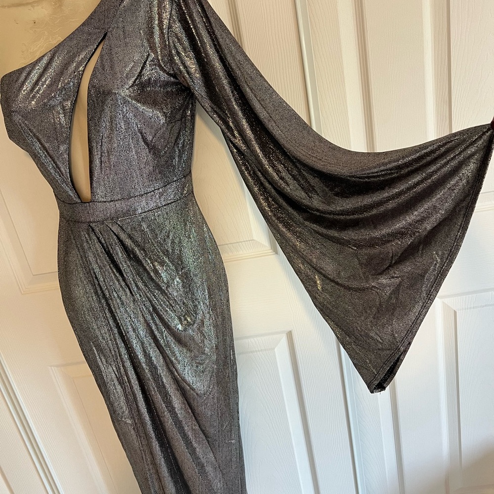 NWT Fashion Nova Looking Top Notch Silver Evening Dress Gown One Shoulder Small